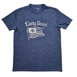 Lucky Brand Flag Graphic T Shirt Mens Medium Blue Short Sleeve Crew Neck
